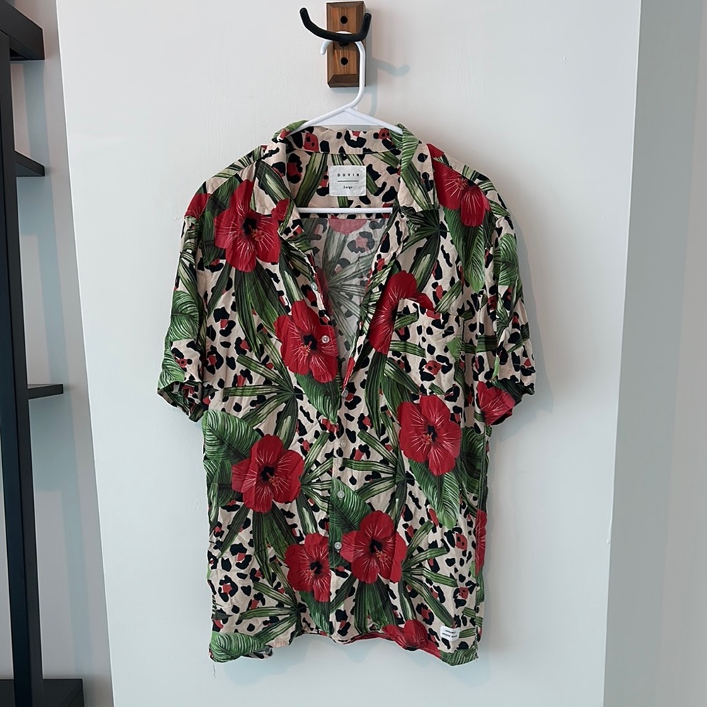 Tropical Red and Green Short Sleeve Button Down Shirt
